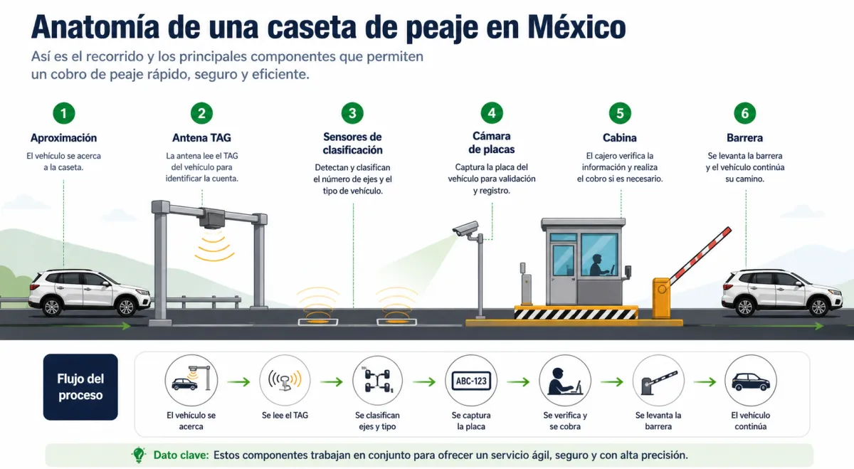Anatomía de una caseta de peaje en México: aproximación, antena TAG, sensores de clasificación, cámara de placas, cabina y barrera, con el flujo del proceso paso por paso