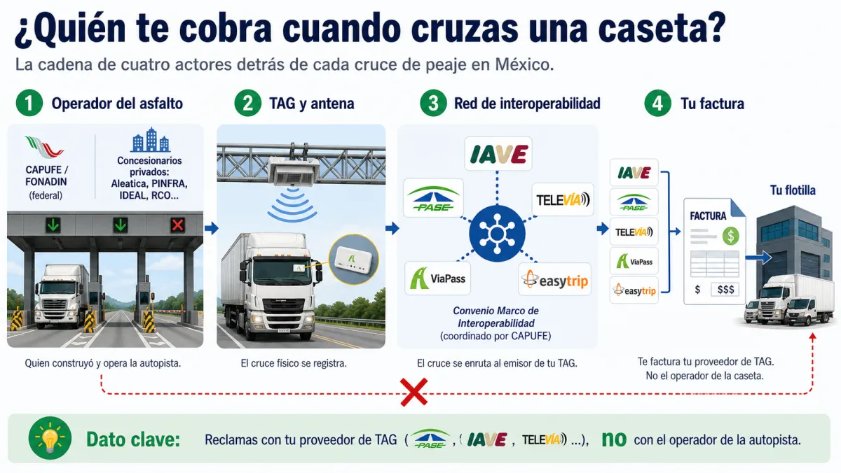 Diagrama de los cuatro actores en cada cruce de caseta en México: operador del asfalto, TAG y antena, red de interoperabilidad, y proveedor de TAG que factura al cliente
